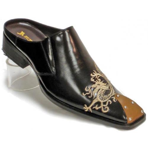Fiesso Black Embroidered Dragon Mules With Brown Leather Tip FI6477
